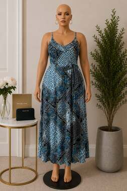 Faded Glory Blue Boho Maxi Dress - S (Fits S–L / Up to Size 10)